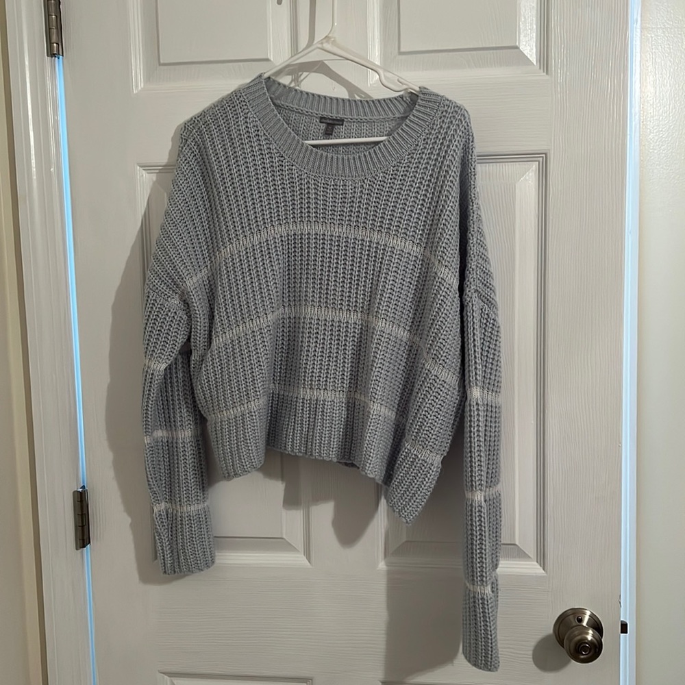 Light/Sky Blue cropped knit sweater with white stripes from Charlotte Russe - M